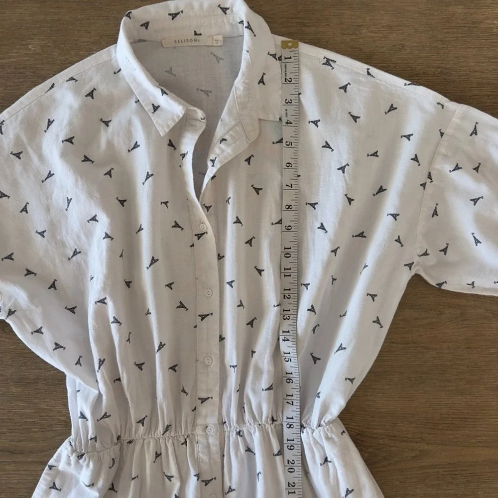ELLISON Linen Blend Eiffel Tower Print Button Up Shirt Dress-White Knee Length-S